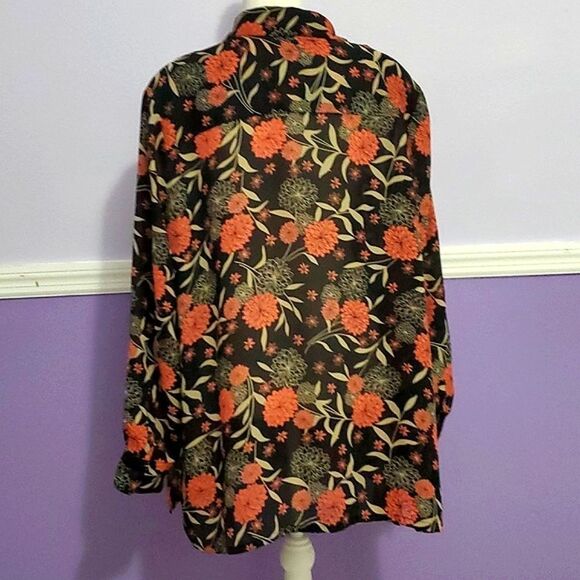 Studio C Vintage Black & Orange Floral Long Sleeve Button Down Casual Chic Top - Picture 5 of 11